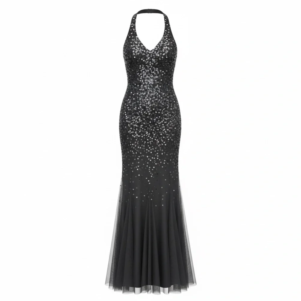 Nightway Sequined Halter Formal Gown Charcoal Gray Mesh Maxi Prom Dress 8 - Picture 1 of 14